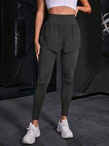Powerista Quần legging thể thao nữ màu trơn phong cách tối giản - Màu xám đen - Xem 2