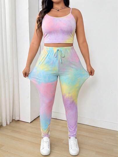 SHEIN EZwear Bộ 2 món áo hai dây và quần dài in họa tiết tie-dye cỡ lớn (màu tie-dye ngẫu nhiên)