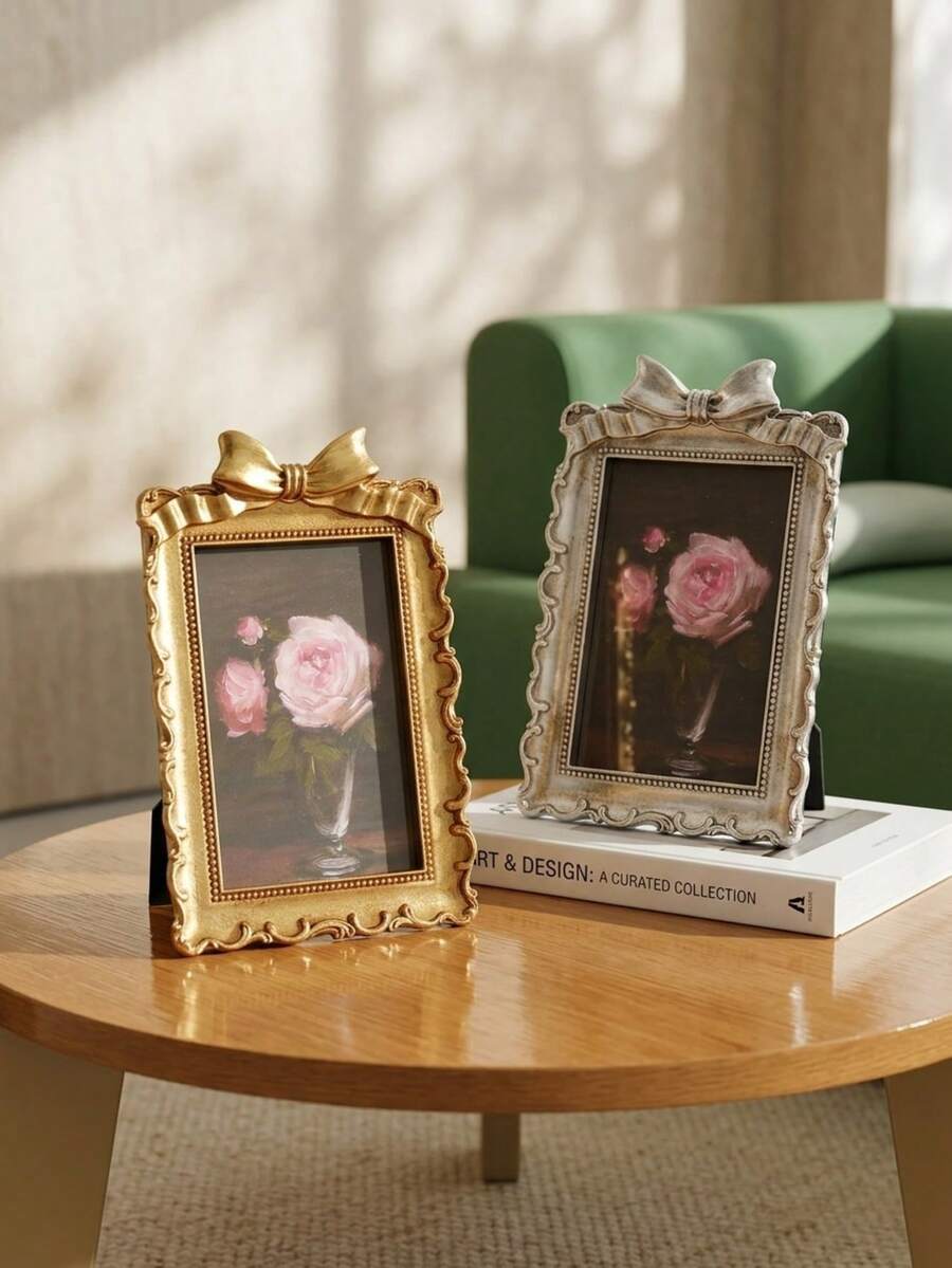 Cirelle 1PC French Retro Bow Resin Photo Frame – 3D Ornate Rectangular Display Frame For Desk, Vintage Home Decor For Bedroom, Living Room & Study - 1PC - View 1