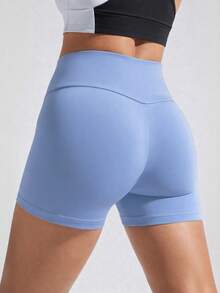 Teen Girls' Foggy Blue High-Waist Athletic Shorts, Made From High-Stretch Form-Fitting Fabric With A Sleek And Supportive Design, Perfect For Spring And Summer Activities Including Running, Gym Workouts, And Casual Sporty Wear - Dusty Blue - View 2