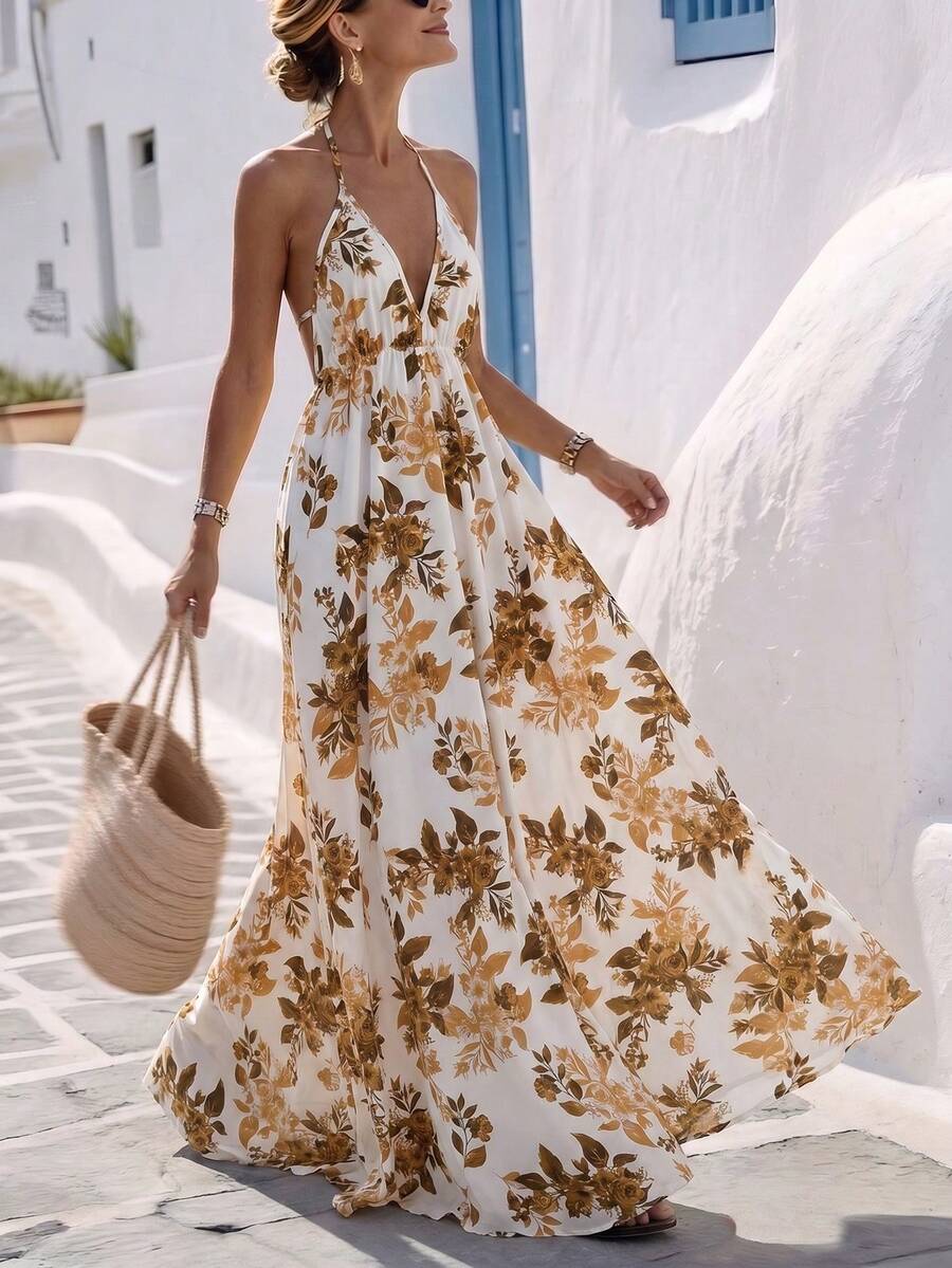 Louniche Đầm nữ kiểu dáng nghỉ hè, in họa tiết, hở lưng, có dây rút. - Nhiều màu - Xem 1