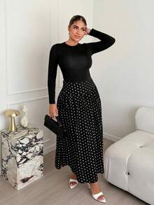 Falda acampanada casual de mujer con estampado de lunares, otoño - Negro - Ver 4