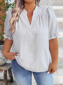 SHEIN CURVE+ Plus Size Women's Casual V-Neck Short Sleeve White Shirt, Spring/Summer Bussines Office - Multicolor - View 8