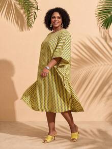 EMERY ROSE Plus Size Minimalist Boho Printed Round Neck Short Sleeve Dress Summer Outfit For Women Festival Outfits Beach Beach Vacation Vacation Holiday Yellow - Multicolor - View 6