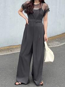 FRIFUL Women's Mesh Patchwork Pocket Wide Leg Jumpsuit Lounge Sets For Women Summer Jumpsuits For Women Golf Pastal Sexy - Grey - View 7