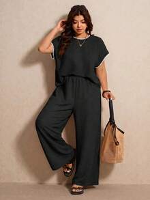 Elaquor Plus Size Women 2pcs Set, Round Neck Short Sleeve Top And Pants, Casual - Black - View 6