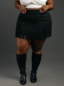 CurvyTilda Plus Size Women's Vintage Hippie Rivet Fringe Black Suede A-Line Skirt, Fall Winter Skirt, Nashville Pirate Skirt, For Hourglass Body Shape - Black - View 4
