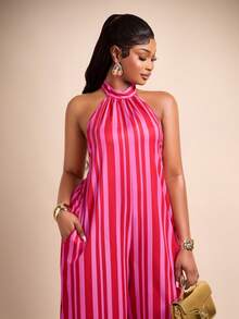 Brilight Women's Casual Pink Stripe Summer Flared One-Piece Pants,Daily-Style Contrast Neck-Length Vacation Outfit,Easter Oversized Party Big Sizes - Hot Pink - View 6