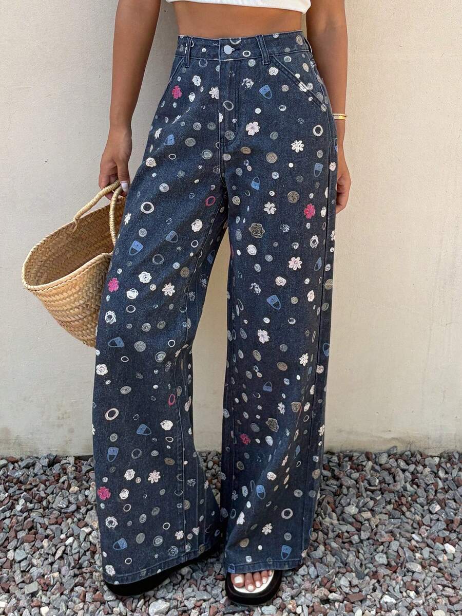 Livesso Quần jeans nữ dáng rộng in họa tiết toàn thân, túi xéo, kiểu dáng thường ngày. - Rửa tối - Xem 1