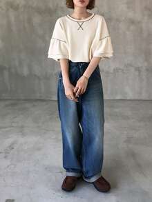 FRIFUL Women's Casual Loose Fit Round Neck Ruffle Sleeve T-Shirt Summer - White - View 8