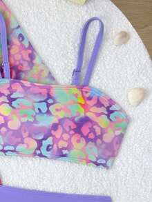 Tween Girl 3 Pieces Swimwear Set,Cute Leopard Print Sea Blue,Summer,Beach,Holiday Fashionable Tropical Matching Swim Suits For Teens Girls,Summer - Multicolor - View 3