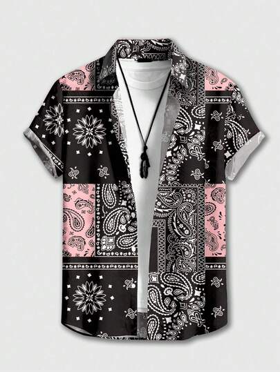 ROMWE MEN Street Life Camisa de manga corta con estampado de paisley para hombres en vacaciones de verano