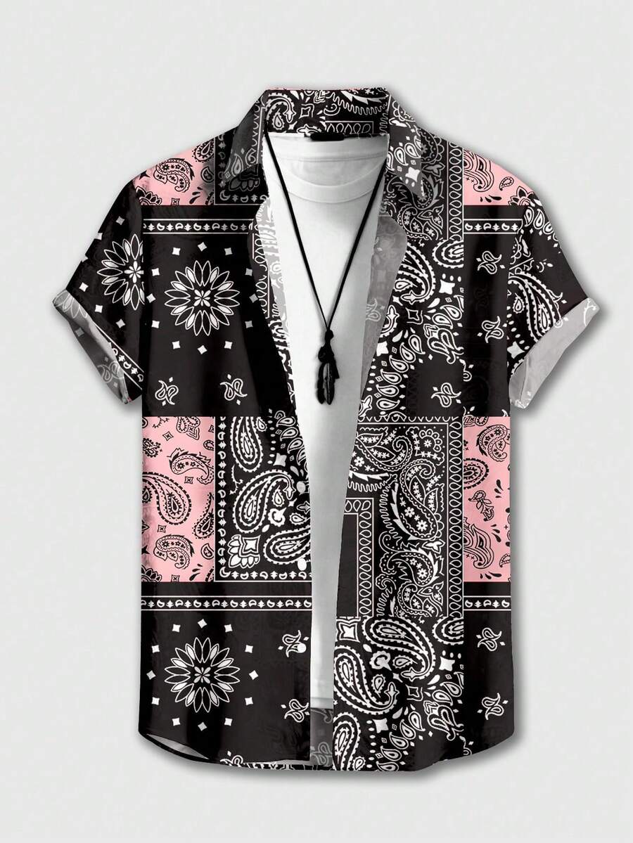 ROMWE MEN Street Life Áo sơ mi nam tay ngắn họa tiết Paisley cho kỳ nghỉ hè - màu đen - Xem 1