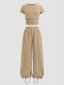 SHEIN Tween Girls Bow Ribbed Print T-Shirt And Leggings 2 Pieces Set, Casual Daily Fashion Versatile - Khaki - View 7