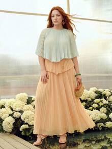 MOTF PREMIUM PLUS SIZE WOMEN'S LAYERED PLEATED COLORBLOCK ROMANTIC LONG DRESS, SPRING/SUMMER - Apricot - View 5