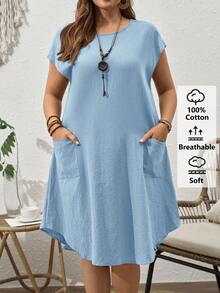Rusticease Plus Size Women Summer Casual Vacation Round Neck Short Sleeve Solid Color Blue Dress With Pockets,Summer Vacation - Baby Blue - View 4