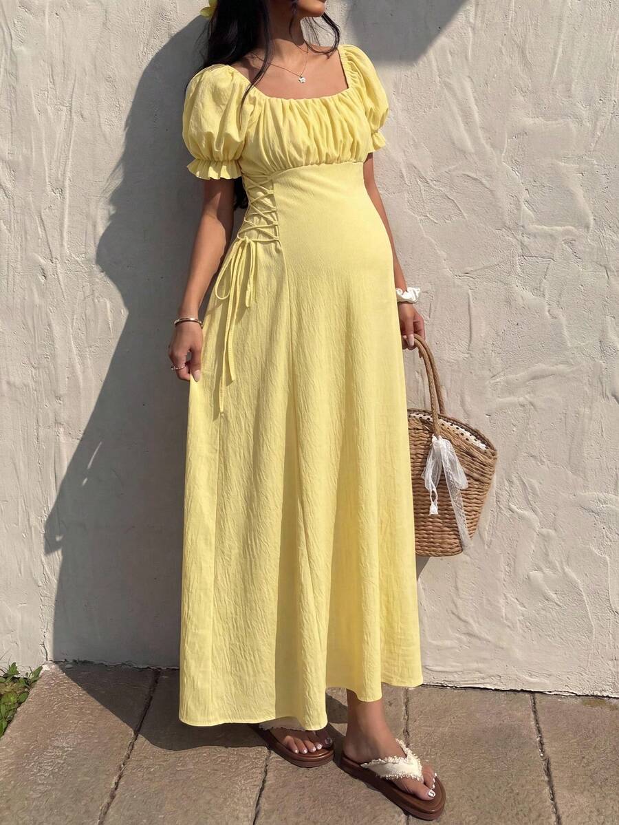 SHEIN Maternity Summer Solid Color Ruched Side Tie Wrap Puff Sleeve Dress - Yellow - View 1