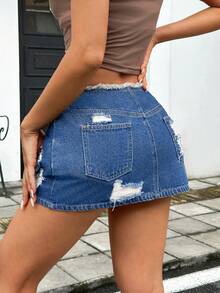 SHEIN ICON 女士休闲做旧毛边牛仔迷你裙，夏季 - 藍色 - 查看 2