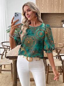 SHEIN LUNE Women's Casual Commuter Printed Lantern Sleeve Blouse,Summer Top - Multicolor - View 7
