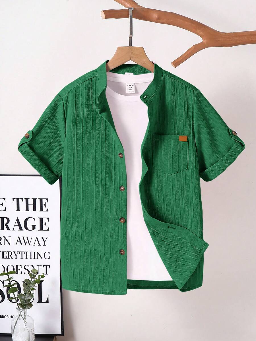 SHEIN Áo sơ mi ngắn tay cổ bẻ đa năng dành cho bé trai tuổi teen - Màu xanh lá cây đậm - Xem 1