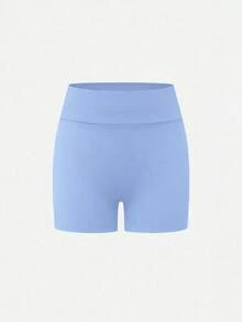 Teen Girls' Foggy Blue High-Waist Athletic Shorts, Made From High-Stretch Form-Fitting Fabric With A Sleek And Supportive Design, Perfect For Spring And Summer Activities Including Running, Gym Workouts, And Casual Sporty Wear - Dusty Blue - View 5