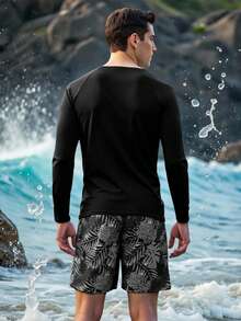 ZELFYO Men's Color Block Long Sleeve Rash Guard Top And Printed Swim Shorts Set, Surfing Swimwear, Holiday - Black - View 2