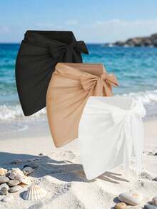 SHEIN Swim 大尺碼女款雪紡休閒熱帶性感希臘女神度假海灘遮陽裙套裝 白色 黑色 全白 夏季 - 彩色 - 查看 4