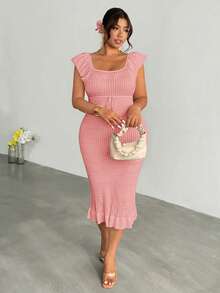 Firerie Plus Size Solid Color U-Neck Cap Sleeve Ruffle Hem Drawstring Summer Sweater Dress Fall - Pink - View 6