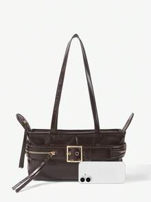 Viva Strut Women Dark Brown Solid Multi Zipper & Metal Buckle Large Capacity Minimalist Functional PU Leather Tote Bag - Coffee - View 9