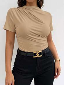 Elenzga Bodysuit Khaki Elegan Musim Panas untuk Wanita Ukuran Plus, Cocok untuk Acara Malam Hari di Klub, Leher Bulat Asimetris Elastis dengan Detail Kerut, Lengan Pendek, Warna Polos, Serbaguna untuk Kerja. - Khaki - View 4