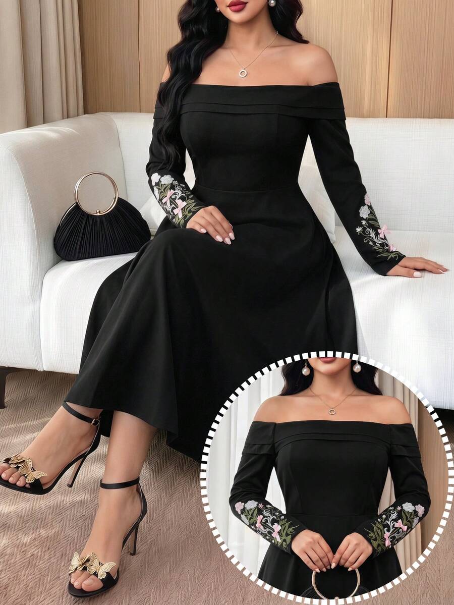Feyla Plus Size Off-Shoulder Long Sleeve Elegant Summer Minimalist Design Dress - Black - View 1