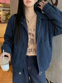 DAZY 女款拉鍊領寬鬆休閒夾克校園風 - 藍色 - 查看 5