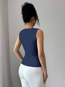 SHEIN Elenzya 女士夏季休闲通勤简约纯色不对称领口金属装饰开衩下摆修身背心 - 藏蓝色 - 查看 2