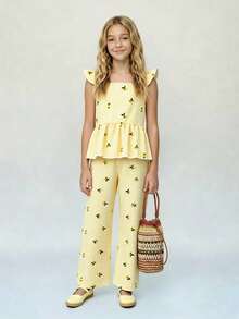 SHEIN Casuvi Kids Bộ đồ 2 mảnh Casuvi dành cho bé gái tuổi teen: Áo không tay in họa tiết kẻ caro chanh kỹ thuật số, quần ống loe, eo bó, thích hợp mặc hàng ngày và đi nghỉ mát vào mùa xuân/hè. - Màu vàng - Xem 8