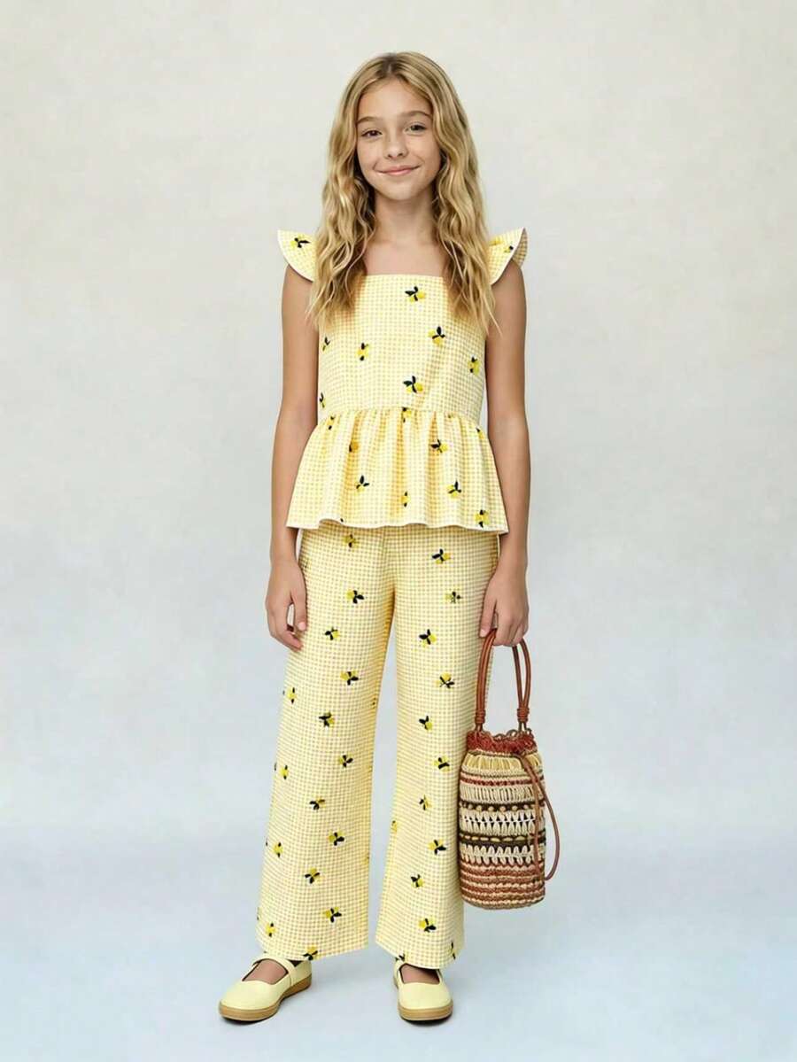 SHEIN Casuvi Kids Bộ đồ 2 mảnh Casuvi dành cho bé gái tuổi teen: Áo không tay in họa tiết kẻ caro chanh kỹ thuật số, quần ống loe, eo bó, thích hợp mặc hàng ngày và đi nghỉ mát vào mùa xuân/hè. - Màu vàng - Xem 1