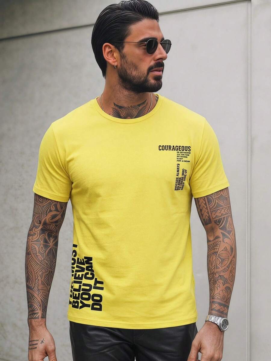 Manfinity RebelGame Men's Casual Letter Print Short Sleeve T-Shirt, Summer - Yellow - View 1