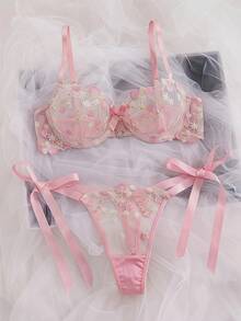 SHEIN MOD Sweet Girl Cute Pink Mesh Embroidered Thin Bra With Heart Rhinestone Decor, Silky Bow Tie Panty Ladies Lingerie Set - Pink - View 3