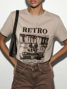 Dazy-Less Loose Fit Short Sleeve T-Shirt With People And Letter Prints Summer,Graphic Tees Preppy Tops - Khaki - View 1