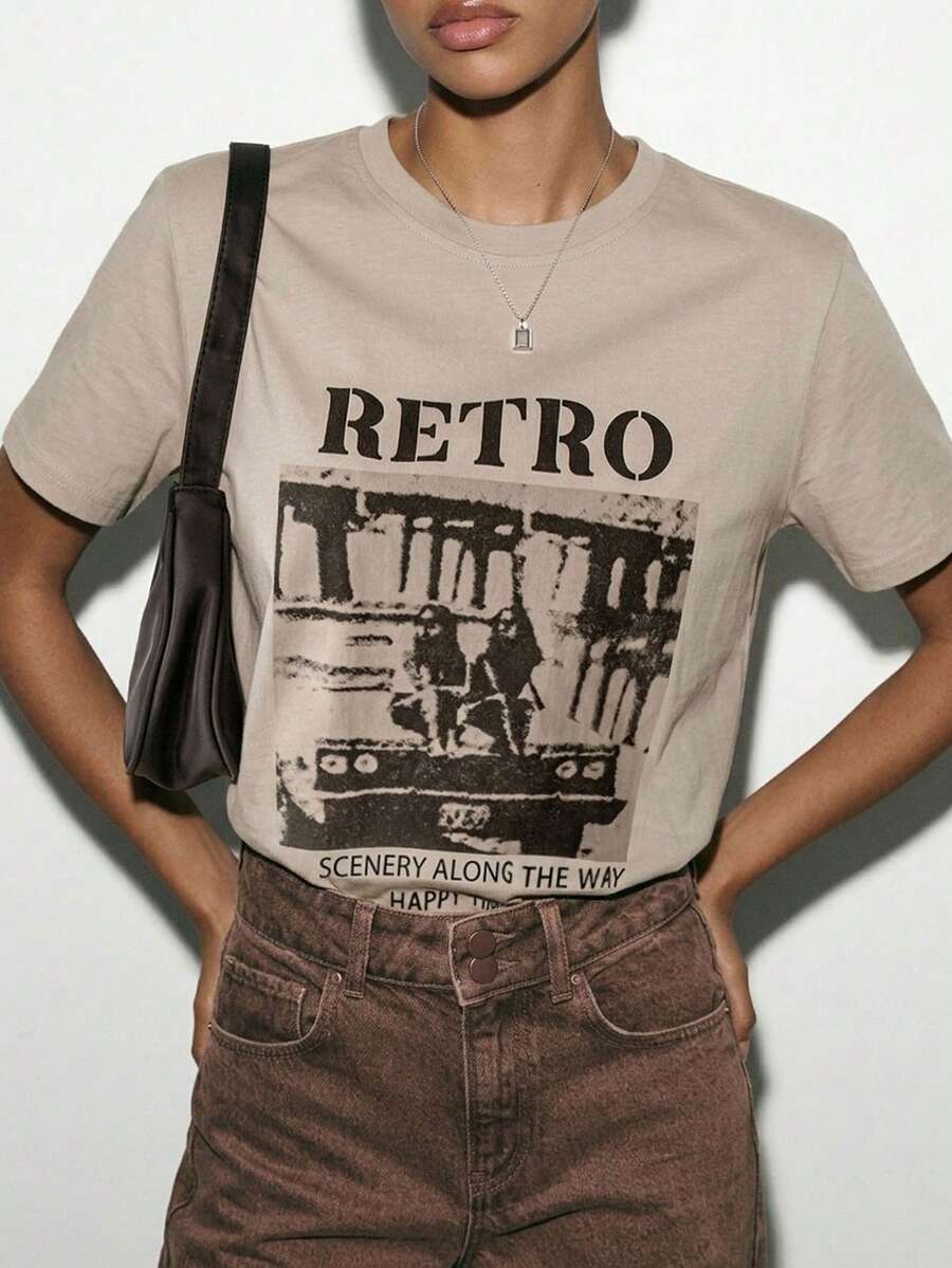 Dazy-Less Loose Fit Short Sleeve T-Shirt With People And Letter Prints Summer,Graphic Tees Preppy Tops - Khaki - View 1