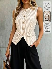 EMERY ROSE Standard Size Women Striped Fabric Faux Pocket Design Casual Smart Casual Elegant Vacation Tank Top Work Office White Summer - Apricot - View 4