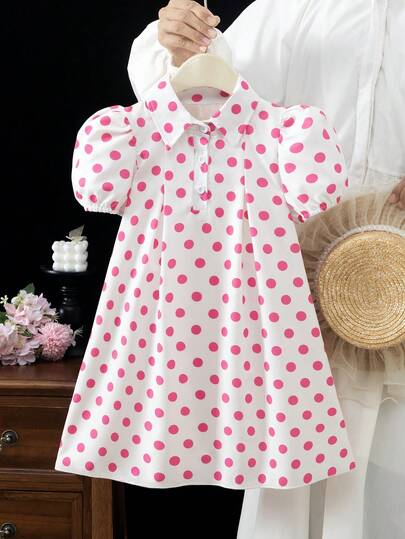 SHEIN Girls (Small) Fashionable Cute Polka Dot Puff Sleeve Hollow Back Bow Decor Dress, Elegant & Comfortable Children's Clothing, Suitable For Outdoor, Events, Parties, Daily Wear