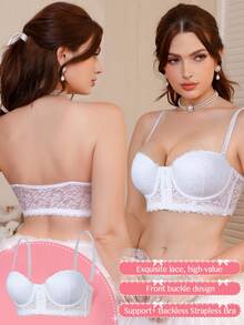 DesireSculpt 1pc Women's White Underwire Lace Front Closure Push-Up Bra Wedding Guest Summer - White - View 4
