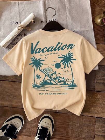Young Boy Casual Cartoon Pattern Short Sleeve Round Neck T-Shirt, Suitable For Summer
