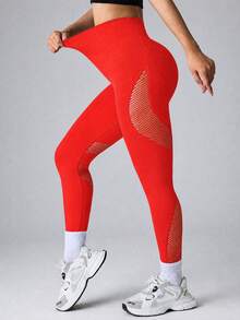 SHEIN Sports 无缝高弹力运动瑜伽健身紧身裤，带网眼拼接 - 紅色 - 查看 4