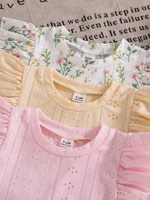 SHEIN 粉色夏季可愛家庭套裝 0-3歲女嬰休閒 3色 6件/3套裝 無袖上衣&長褲 舒適服裝 戶外活動 - 彩色 - 查看 7