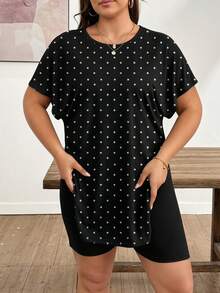 Lounesse Casual Retro Polka Dot Print Plus Size Round Neck Short Sleeve Top And Tight Shorts 2-Piece Set, Suitable For Summer - Multicolor - View 3