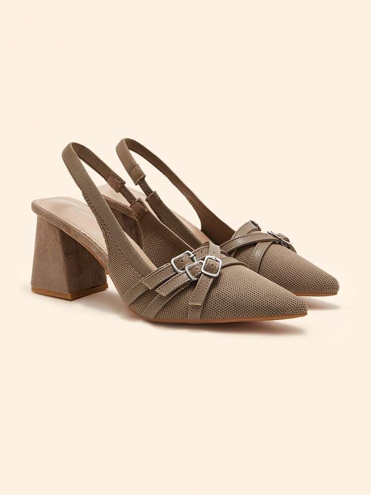 CUCCOO BASICS Women Shoes Pointed Thick High Heel Dark Apricot Knitted Multi-Strip Buckle Comfortable And Breathable Daily Versatile Commuting Go Out Essential Women High Heel Shoes Slingback Shoes Women Shoes