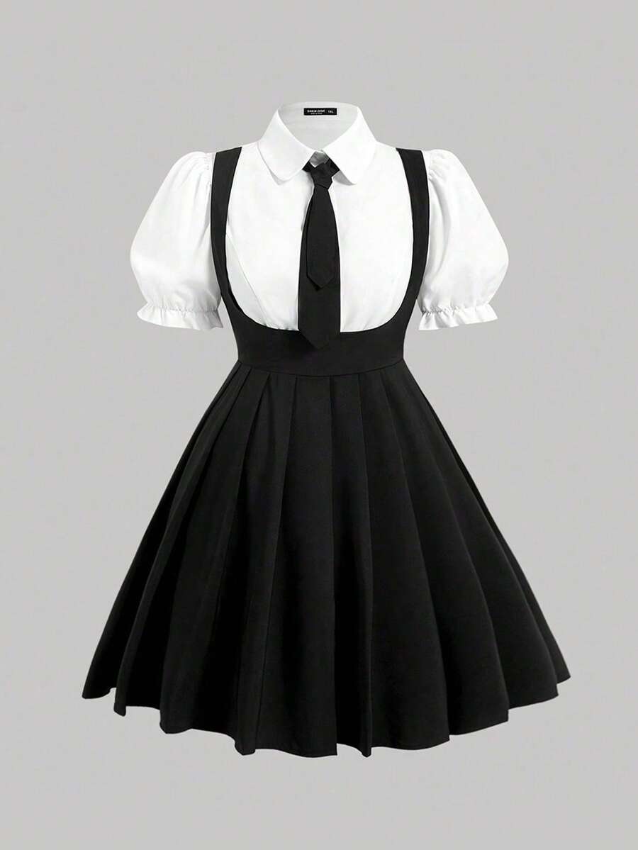 Sweetra Plus Size Women's Color Block Puff Sleeve Dress, For Summer - Multicolor - View 1