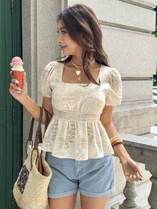 Elyressa Blusa de verano elegante de estilo francés tejida para mujer - Albaricoque - Ver 6