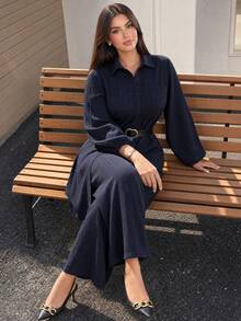 SHEIN Lady CURVE Áo sơ mi dệt kim màu xanh hải quân, cổ bẻ, tay phồng, có túi, dáng dài, cỡ lớn, thích hợp cho mùa thu đông, trang phục công sở thanh lịch, bộ đồ hai mảnh cho nữ dịp Lễ Tạ ơn, trang phục mùa thu, quần áo dáng ôm, trang phục thanh lịch cho Lễ Tạ ơn, trang phục hai mảnh mùa thu cho nữ. - Màu xanh lam - Xem 1